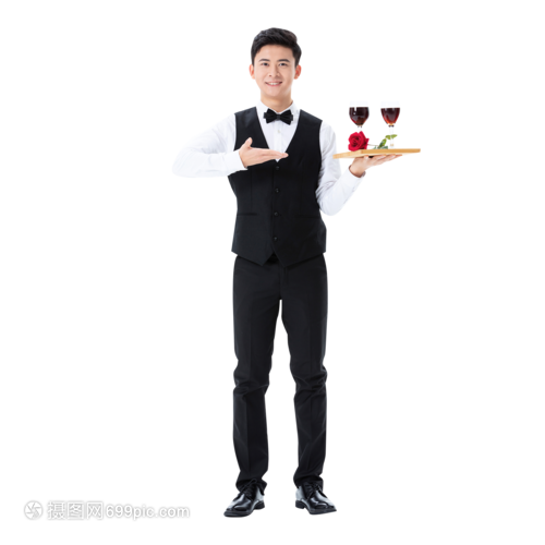 优雅与温情 递送红酒与玫瑰花的餐饮服务形象